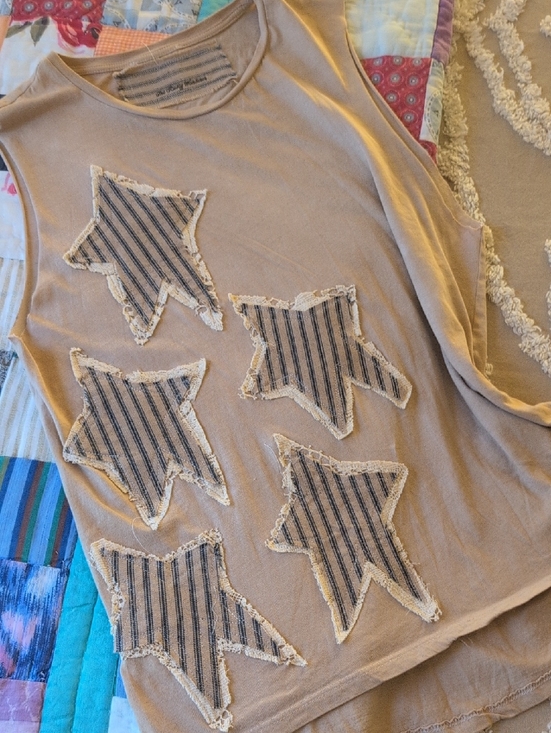 Handmade Tops - Upcycled tee shirt w  lace & fabric stars, tea dyed tee, HANDMADE ITEM